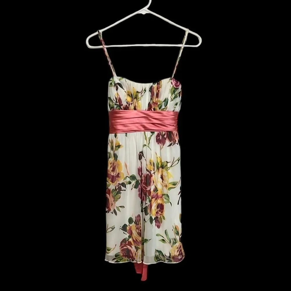 Floral Dress with Coral Sash Spaghetti Strap Spring Whimsy Fairy Formal Women S